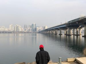My tour guide took me to his favorite spot in Seoul, this part of the river bank of the Han River, overlooking the city of Seoul.