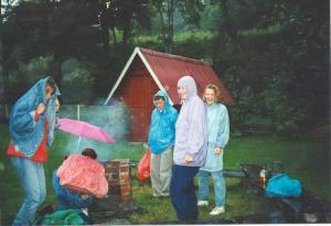 During my second visit to Sweden, with my university at the time (you can see me trying to get the BBQ to light), this was not uncommon. Rain and cool temperatures forcing us to wear sweaters and jackets even in July.