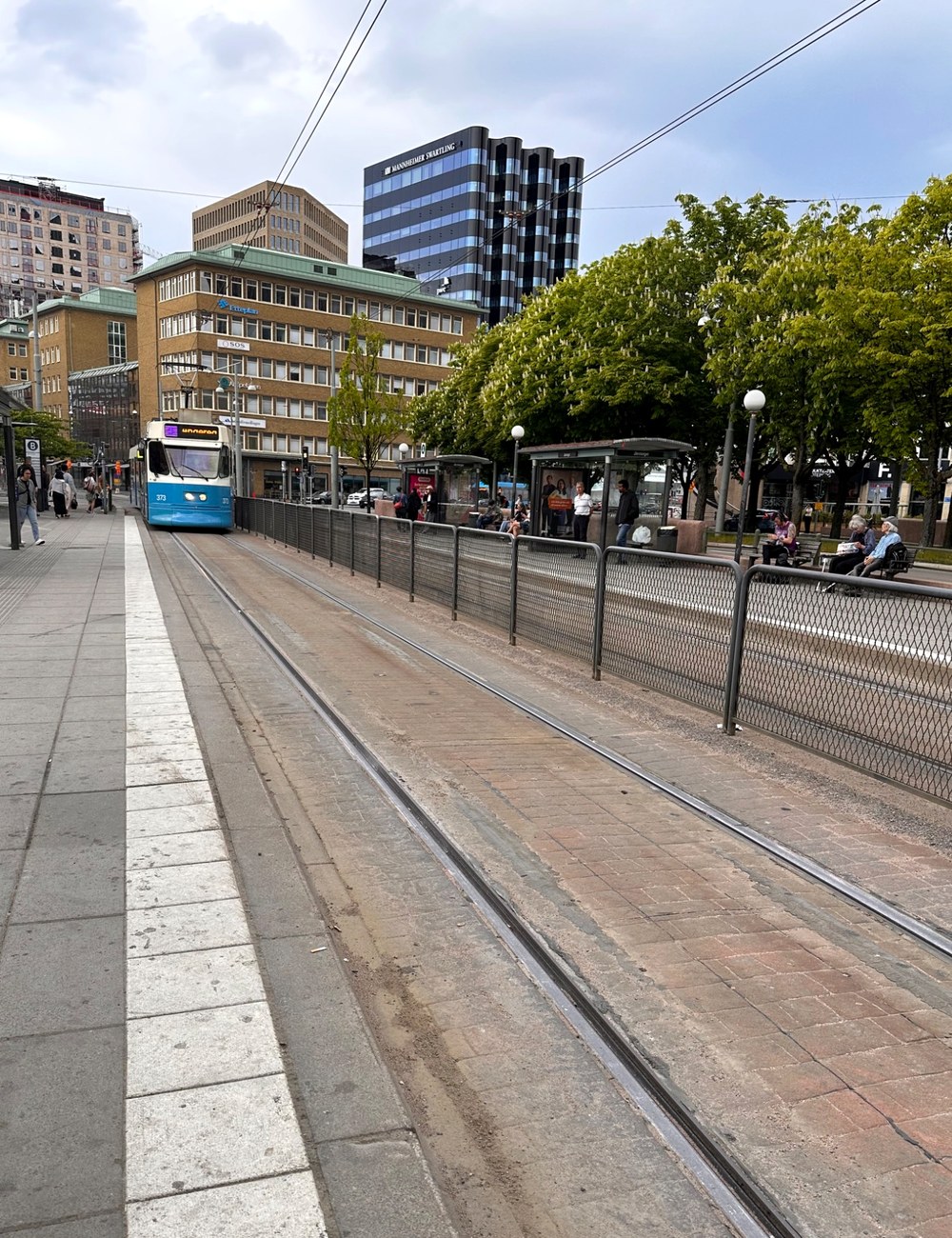 A Gothenburg tram approaching a city stop